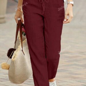 Women Solid Color Drawstring Pockets Straight Leg Casual Pants