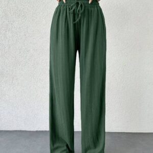 RueChic Elastic Waistband Drawstring H-Shape Wide Leg Design Casual Women's Long Pants