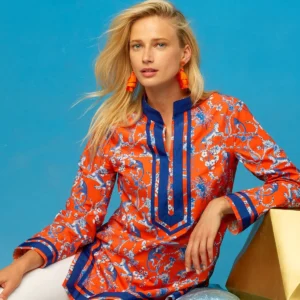 Capri Tunic in Whimsical Jungle Toile in Orange and Blue