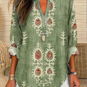 Green Long Sleeve Ethnic Regular Loose Blouse