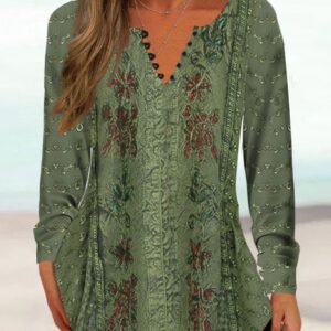 Henley Women's Tunic Basic Floral Buttons Print Long Sleeve Shirt/Blouse