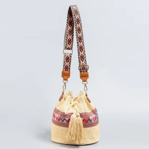Buddha Stones Beach Geometry Straw Woven Bucket Tassels Crossbody Bag Shoulder Bag