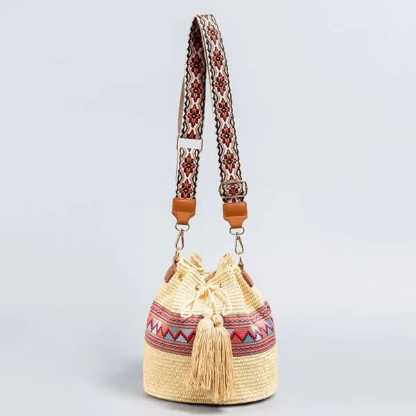 Buddha Stones Beach Geometry Straw Woven Bucket Tassels Crossbody Bag Shoulder Bag