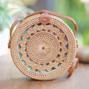 Round Bamboo and Faux Leather Sling Bag