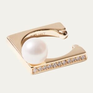 Mizuki 14K Yellow Gold 1 Row Diamond Cube Ear Cuff with Pearl